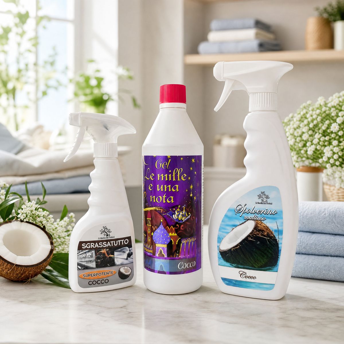 Tris Casa Pulita – Cocco | Gel Mille Usi + Spolverino + Sgrassatutto