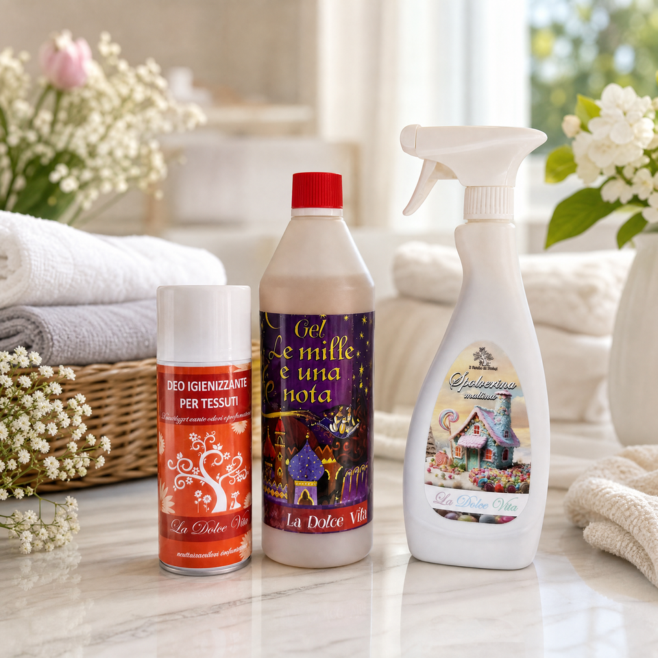 Tris Casa Profumato – La Dolce Vita | Gel + Spolverino + Spray Tessuti