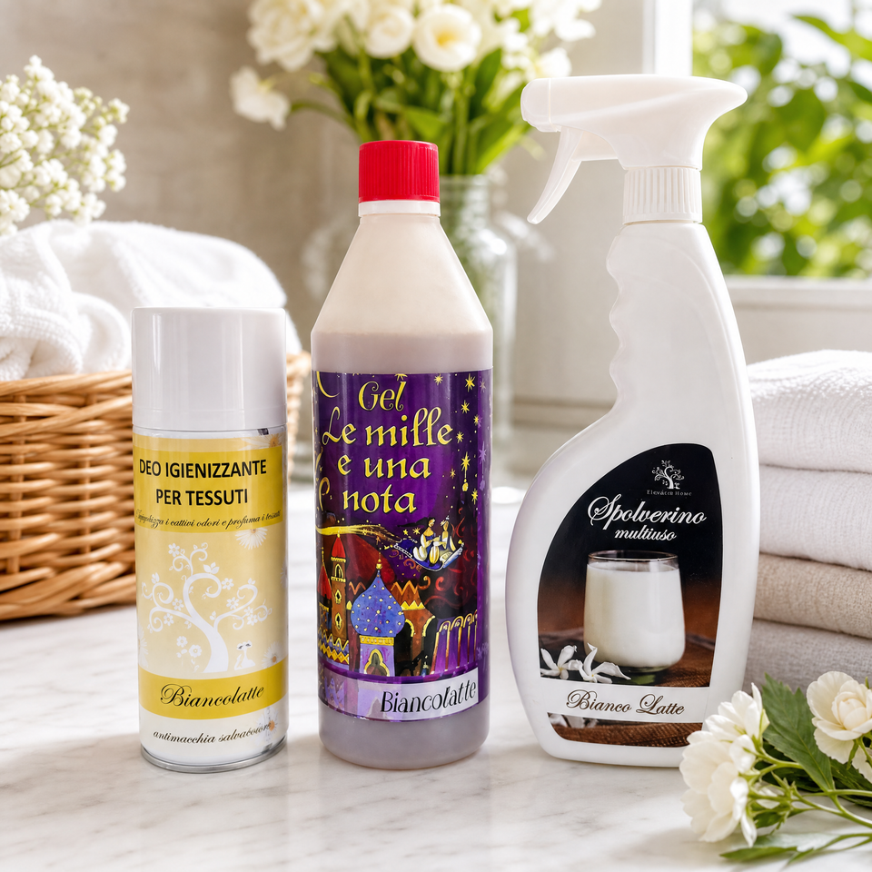Tris Casa Profumato – Bianco Latte | Gel + Spolverino + Spray Tessuti