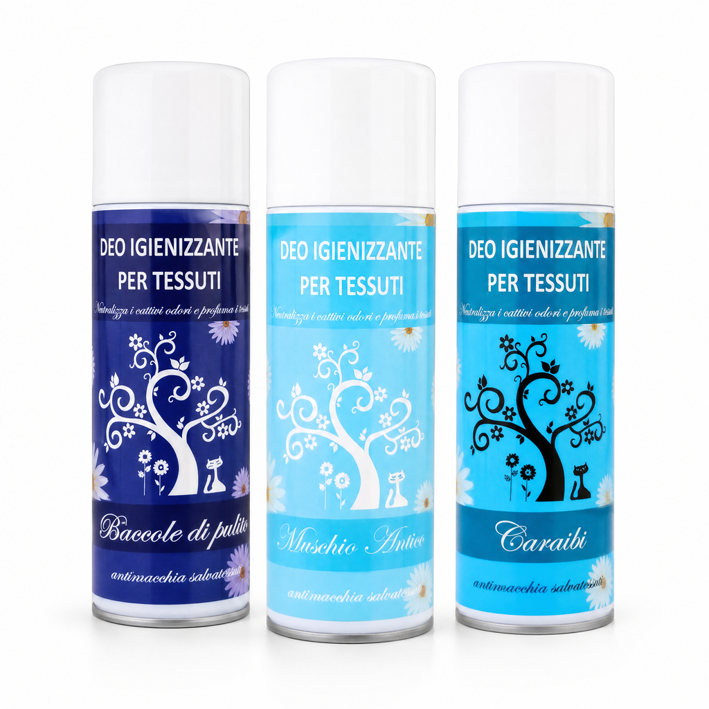 TRIS DEO TESSUTI – COCCOLE DI PULITI + MUSCHIO ANTICO + CARAIBI