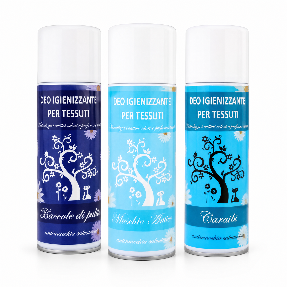 TRIS DEO TESSUTI – COCCOLE DI PULITI + MUSCHIO ANTICO + CARAIBI