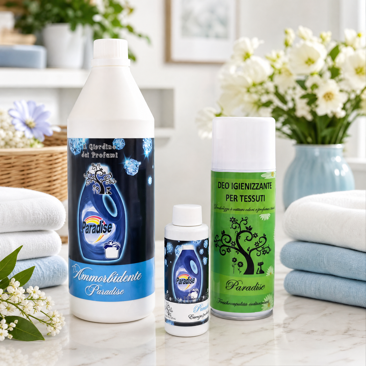 Tris Paradise – Ammorbidente 1 L + Essenza Bucato 100 ml + Spray Tessuti 400 ml
