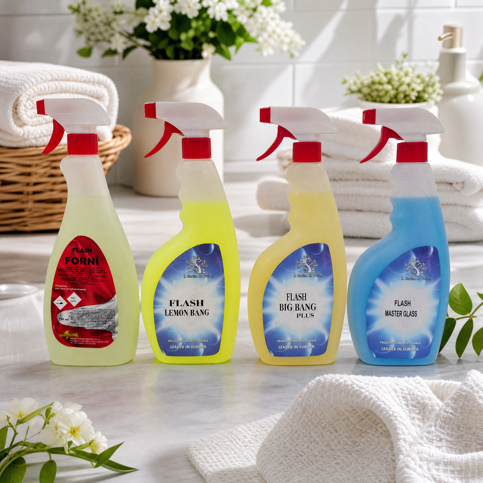 Kit Pulizia Casa Professionale – 4 Detergenti per Cucina, Superfici e Vetri