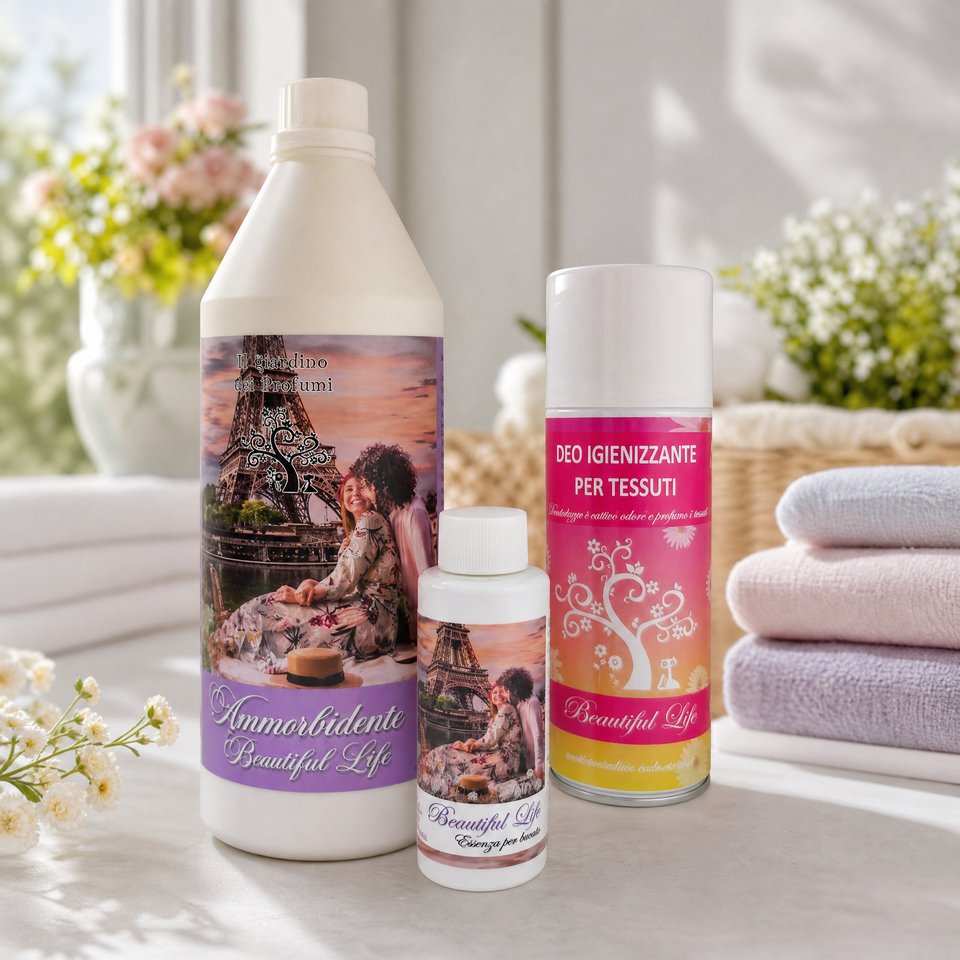 Tris Beautiful Life – Ammorbidente 1 L + Essenza Bucato 100 ml + Spray Tessuti 400 ml