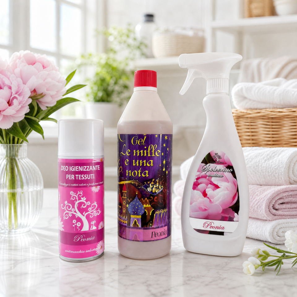 Tris Casa Profumato – Peonia | Gel + Spolverino + Spray Tessuti