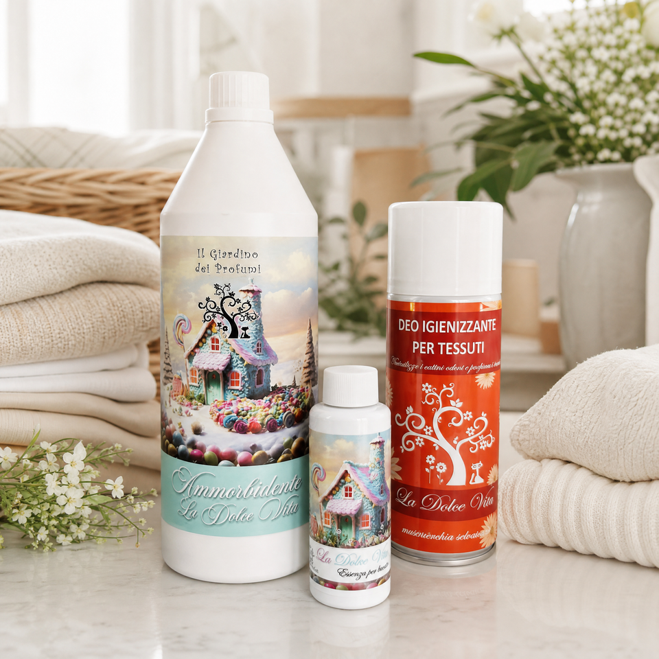 Tris La Dolce Vita – Ammorbidente 1 L + Essenza Bucato 100 ml + Spray Tessuti 400 ml