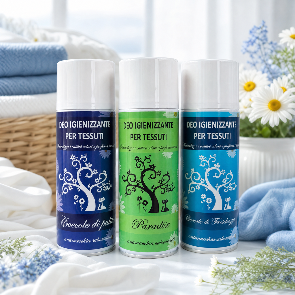 TRIS DEO TESSUTI – COCCOLE DI PULITO  + PARADISE + COCCOLE DI FRESCHEZZA