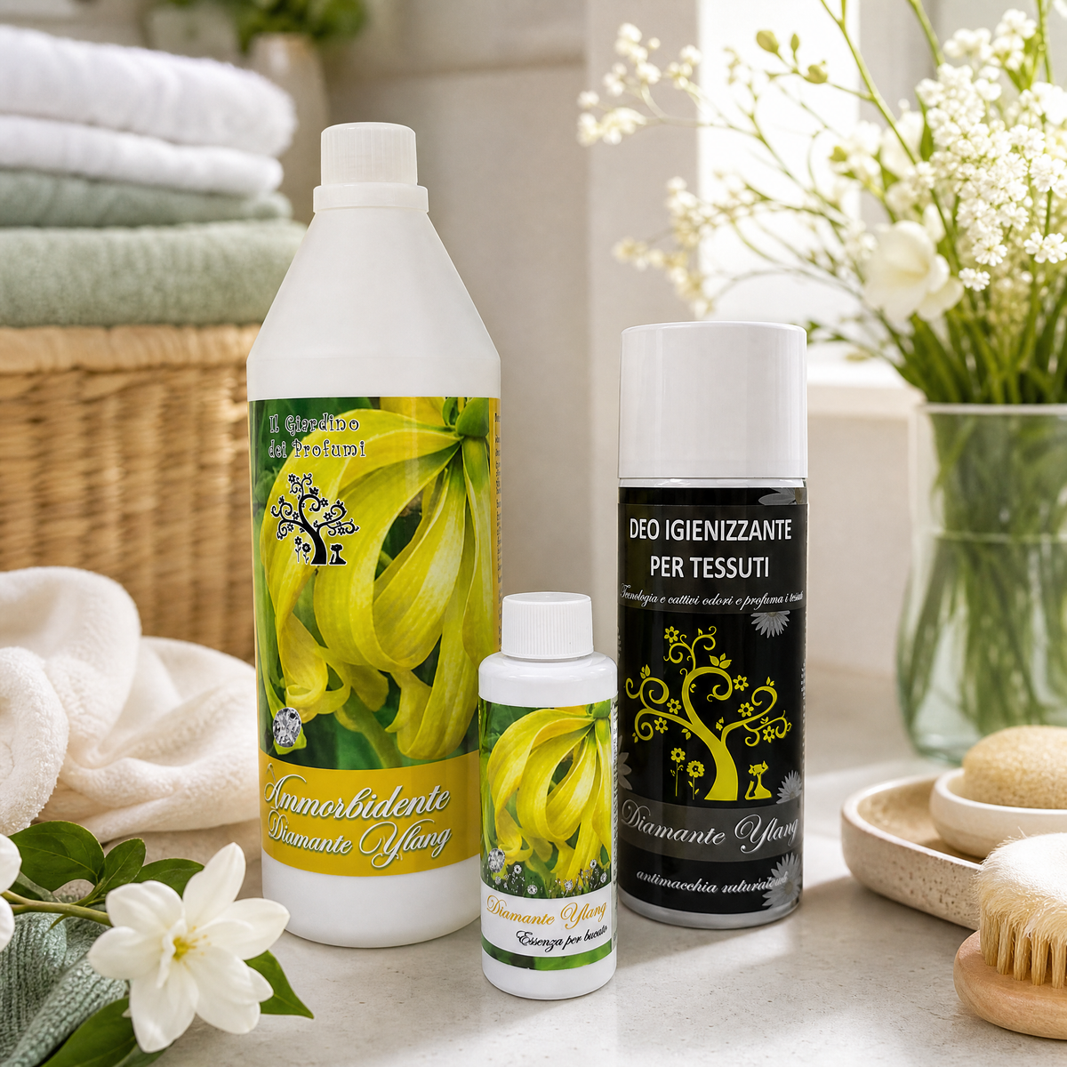 Tris Diamante Ylang – Ammorbidente 1 L + Essenza Bucato 100 ml + Spray Tessuti 400 ml