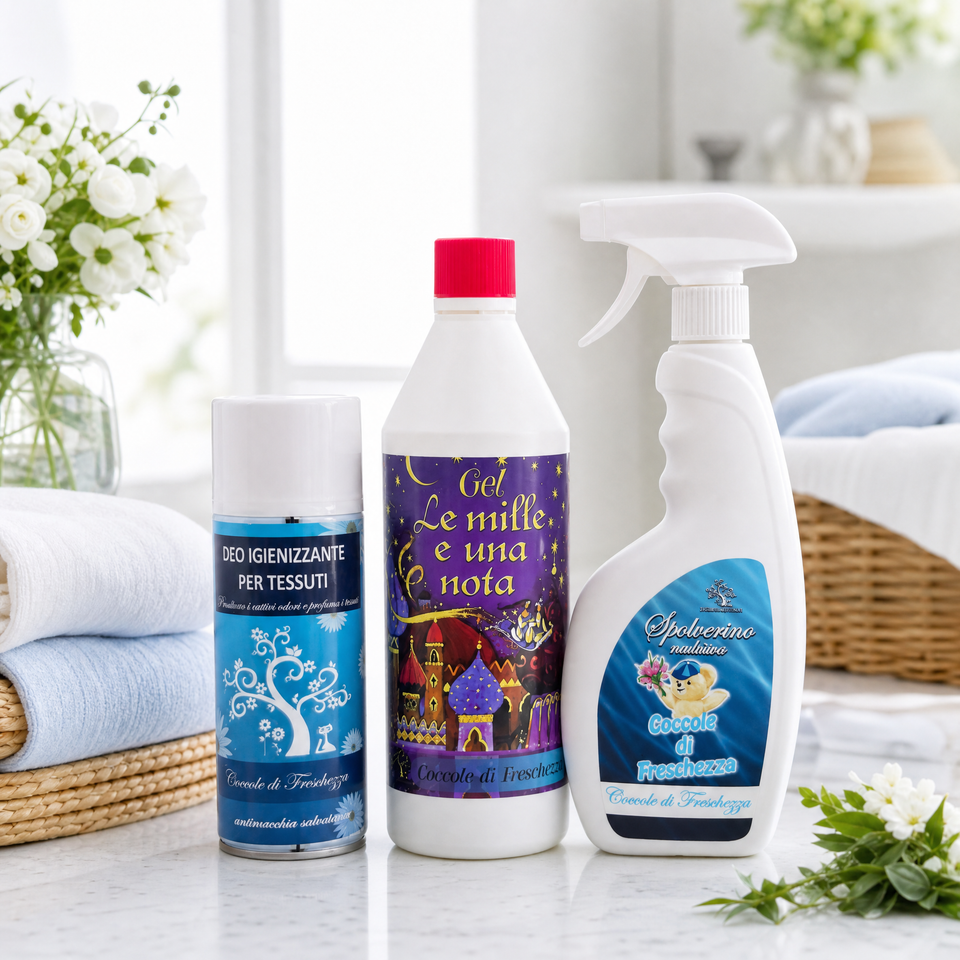Tris Casa Profumato – Coccole di Freschezza | Gel + Spolverino + Spray Tessuti