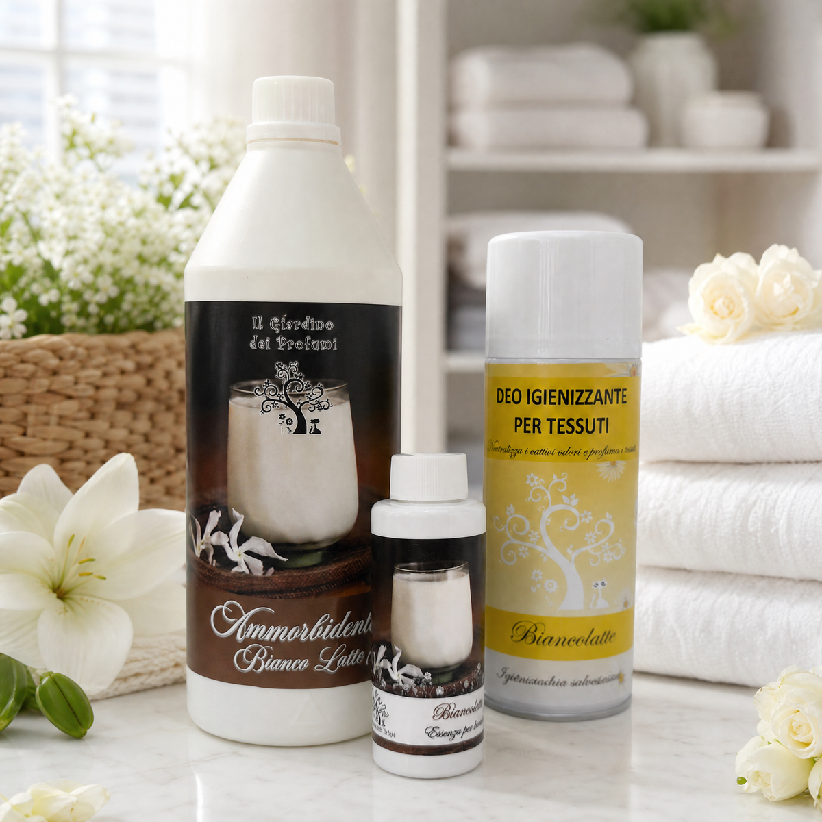 Tris Bianco Latte – Ammorbidente 1 L + Essenza Bucato 100 ml + Spray Tessuti 400 ml