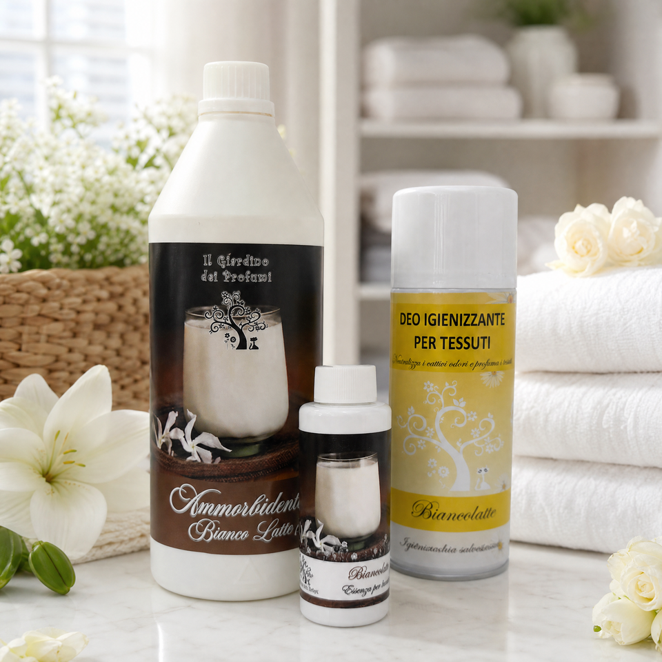 Tris Bianco Latte – Ammorbidente 1 L + Essenza Bucato 100 ml + Spray Tessuti 400 ml