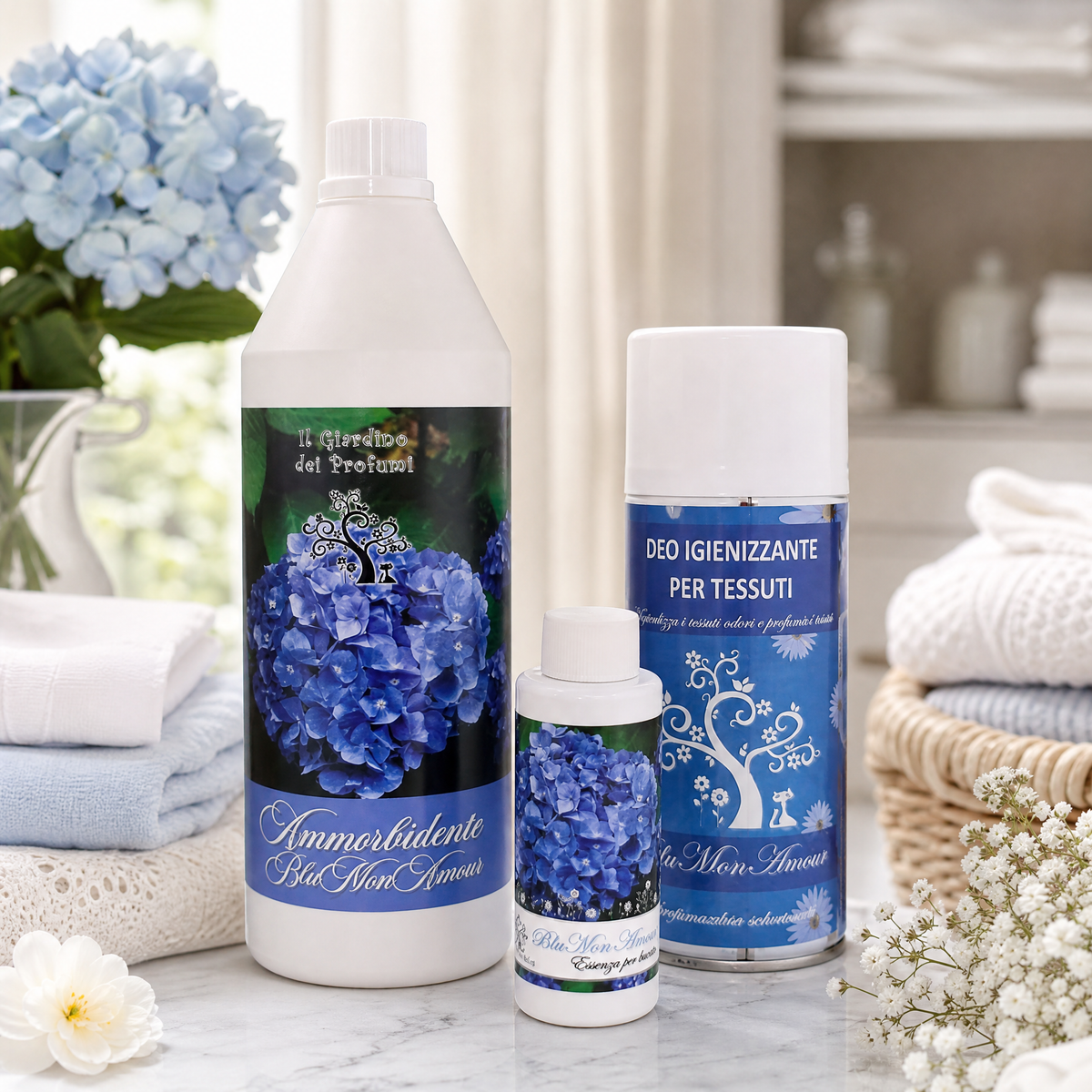 Tris Blu Mon Amour – Ammorbidente 1 L + Essenza Bucato 100 ml + Spray Tessuti 400 ml