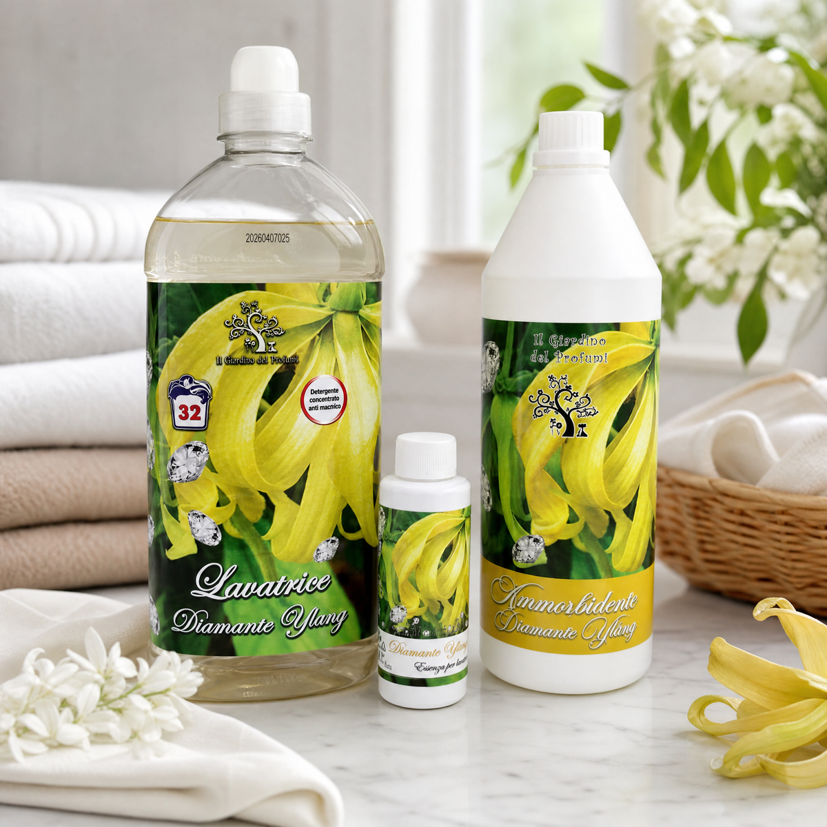 Tris Lavatrice Diamante Ylang – Detersivo, Ammorbidente ed Essenza Bucato