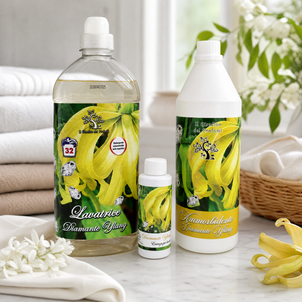 Tris Lavatrice Diamante Ylang – Detersivo, Ammorbidente ed Essenza Bucato