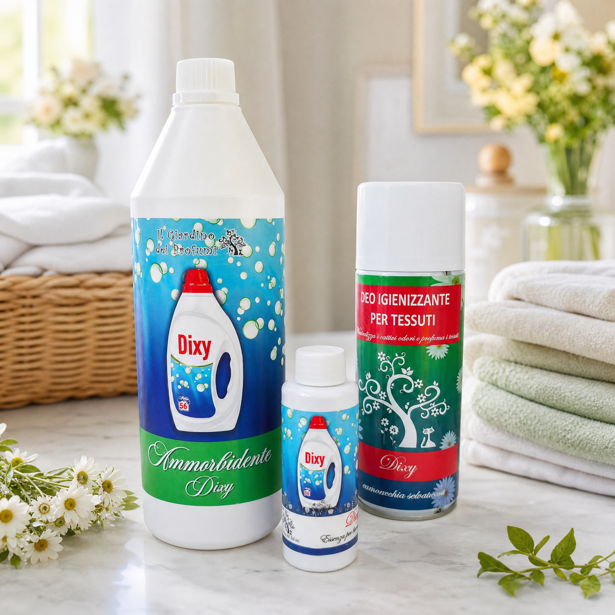 Tris Dixy – Ammorbidente 1 L + Essenza Bucato 100 ml + Spray Tessuti 400 ml